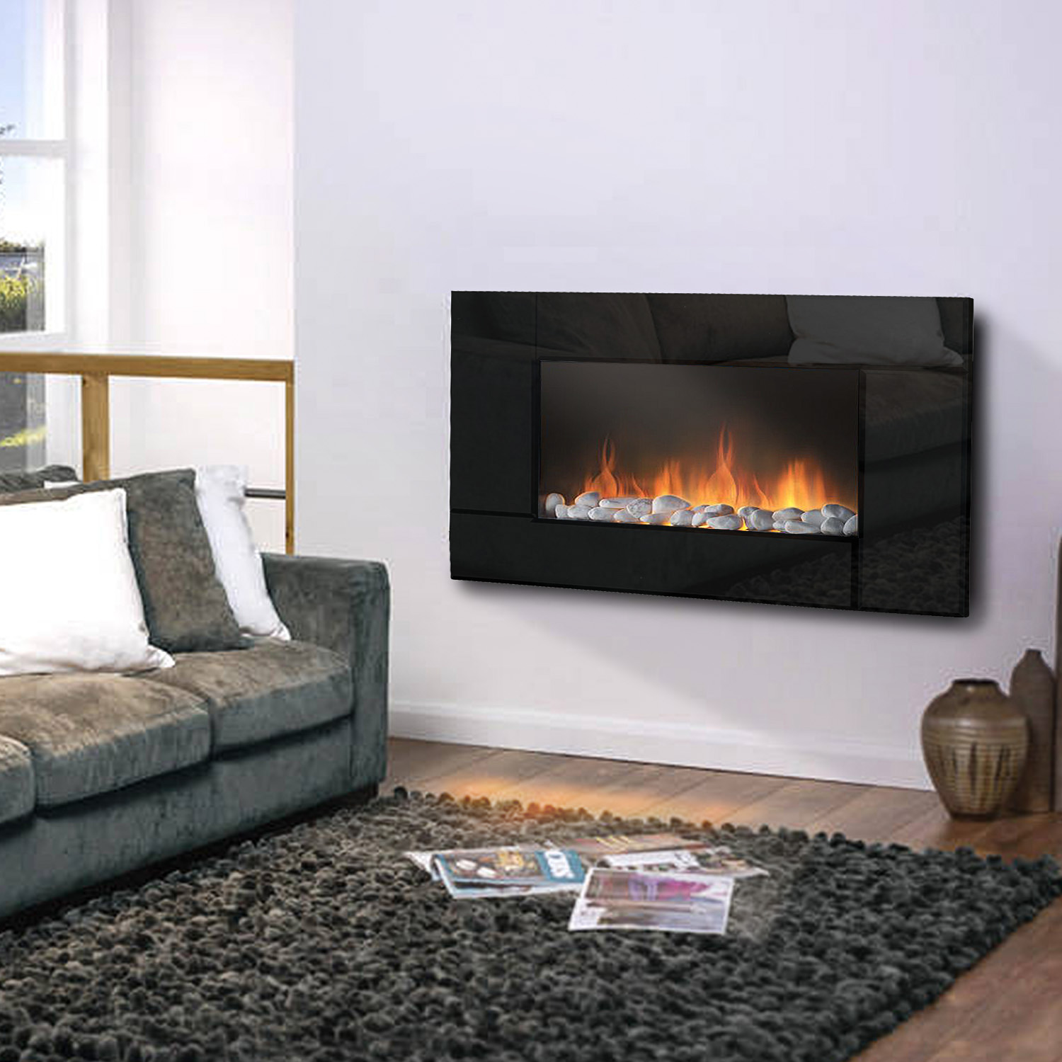GLOWMASTER Electric Fire Fireplace Curved Black Glass Wall Mounted Flame Living Room Heater 